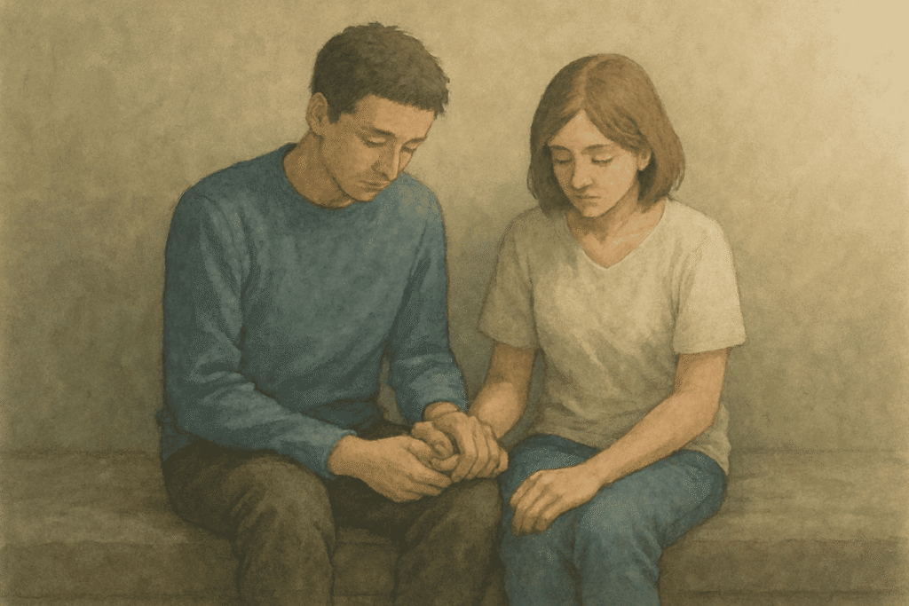 Duas pessoas sentadas próximas, em silêncio, segurando as mãos, simbolizando amor, cuidado e escuta verdadeira